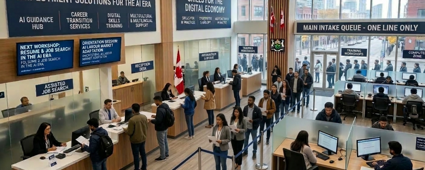An AI-generated image of an employment service office.